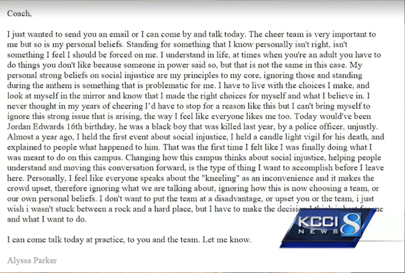 Illustration for article titled Iowa Cheerleader Quits Team After School Says Students Cannot Kneel During Anthem